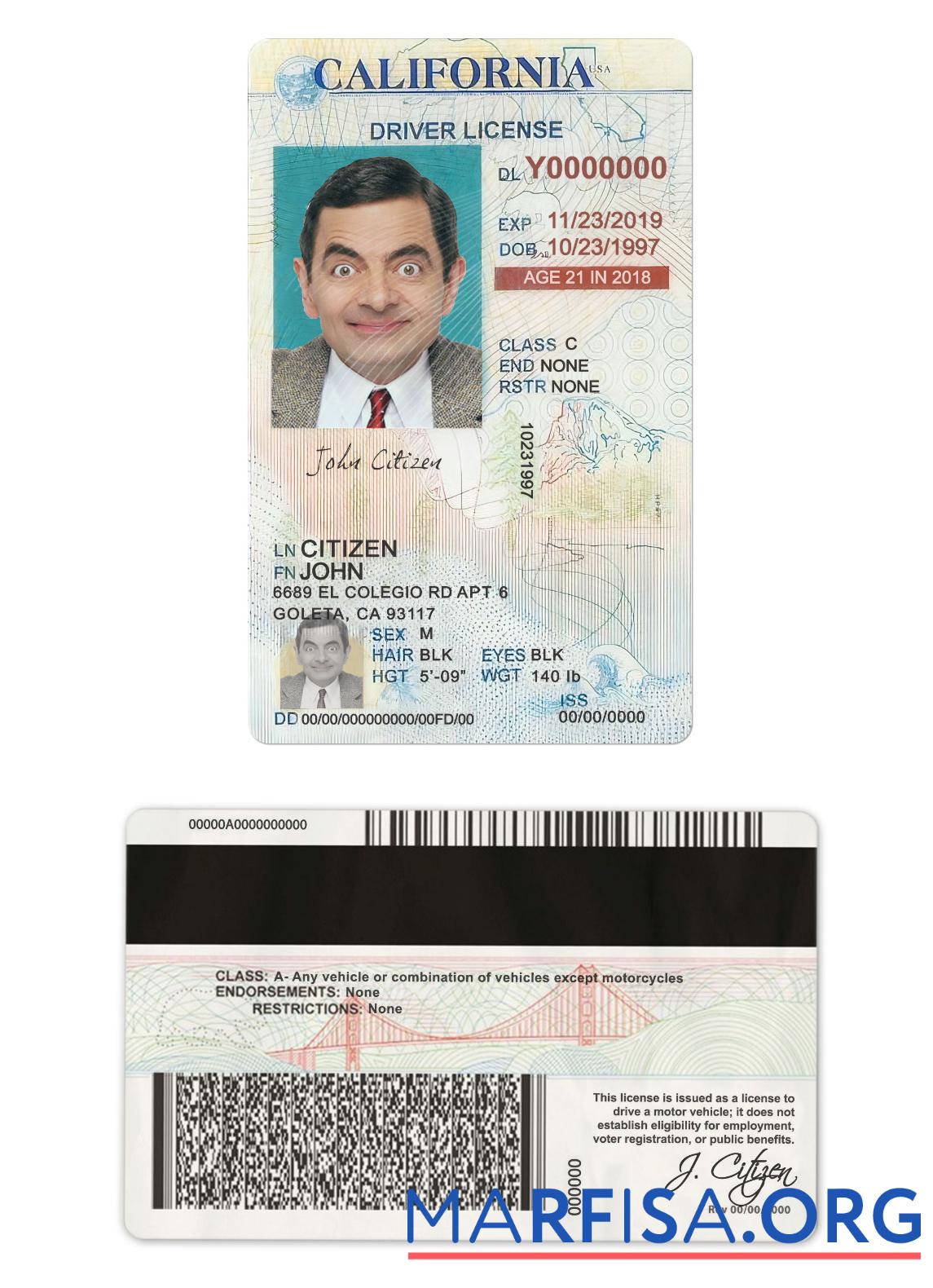 Downloadable USA California driving license under 21 template